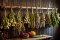 hanging bundles of various herbs on a wooden rack