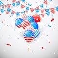Hanging Bunting Flags for American Holidays card design. American balloons and flag garland with confetti background. Vector Royalty Free Stock Photo