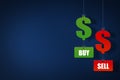 Hanging buy and sell concept of American dollar symbol on dark blue background, dollar currency concept