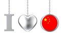 Hanging by Chain I Love China Sign as Silver Heart and Badge wit Royalty Free Stock Photo