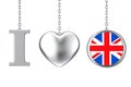 Hanging by Chain I Love Great Britain Sign as Silver Heart and B Royalty Free Stock Photo