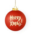 Hanging Christmas ball isolated on white. Red bauble with Merry Xmas text, holiday decoration. Royalty Free Stock Photo