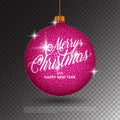 Hanging Christmas ball with sparkling metal glitter effect and Merry Christmas lettering on transparent background Royalty Free Stock Photo