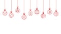 Hanging Christmas balls. Christmas toys ornaments set. Vector fun icons editable stroke. Red symbols on white background stock