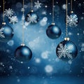 Hanging Christmas baubles on a background of snowflakes. Christmas abstract background with blue glistening balls. Royalty Free Stock Photo