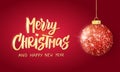 Hanging Christmas red ball on red background. Sparkling metal glitter bauble. Merry Christmas hand drawn text Royalty Free Stock Photo