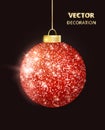 Hanging Christmas red ball on black background. Sparkling glitter texture bauble, holiday decoration Royalty Free Stock Photo