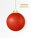 Hanging Christmas ball. Mat gloss red metal bauble, holiday decoration. Royalty Free Stock Photo