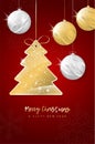 Hanging christmas shiny tree and balls on red background Royalty Free Stock Photo