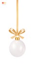 Hanging Christmas Toy with a Tie Bow. Traditional Christmas tree toy - shiny white ball hanging on a ribbon. Festive decor. Luxury Royalty Free Stock Photo