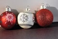 Hanging Christmas tree ball ornaments red, white and silver Royalty Free Stock Photo