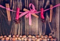 Hanging cinnamon and anises on a rope and hazelnuts on a wooden background