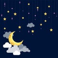 Hanging clouds,stars and moon paper art style on night background.Vector illustration. Royalty Free Stock Photo