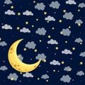 Hanging clouds,stars and moon paper art style on night background.Vector illustration. Royalty Free Stock Photo