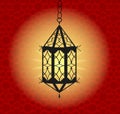 Hanging colorful Arabic lantern for holy month of Muslim community. Shiny greeting Islamic lamp for Ramadan. Beautiful lantern