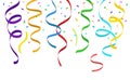 Hanging colorful streamers and falling confetti on white background - vector illustration Royalty Free Stock Photo