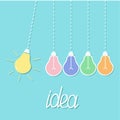 Hanging colorful yellow light bulb. Switch on off lamp. Perpetual motion. Dash line. Idea concept. Flat design. Blue pastel backgr