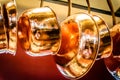 Hanging copper pots, pans, saucepans Royalty Free Stock Photo
