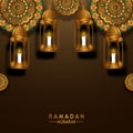 Hanging 3D golden fanoos lantern with traditional circle mandala geometrical pattern for ramadan mubarak kareem