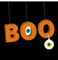 Hanging 3D word BOO text with blue green eyeballs.