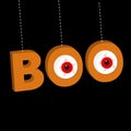 Hanging 3D word BOO text with red eyeballs. Dash line thread. Happy Halloween. Greeting card. Flat design. Black background