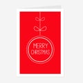 Hanging dash line Merry Christmas ball with bow. Greetinh Card. Red background. Flat design.