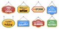 Hanging door sign. Sorry, event is canceled or postponed label, closed for holiday or temporarily, welcome were open and