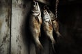 Hanging dried fish in a rustic setting for traditional preservation. Royalty Free Stock Photo
