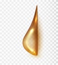 Hanging drop of transparent golden cosmetic liquid. Realistic translucent cosmetic spa serum drop, bubble of vitamin