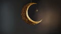 Hanging Exquisite Crescent Moon With Golden Shiny Star On Dark Background. 3D