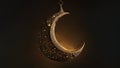 Hanging Exquisite Shiny Carved Moon With Stars On Dark Background. Islamic Religious Concept