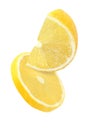 Hanging, falling and flying piece of lemon fruits isolated