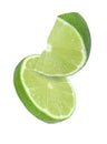 Hanging, falling and flying piece of lime fruits isolated