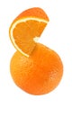 Hanging, falling, hovering and flying piece of orange fruits