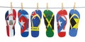 Hanging flip flops in colors of flags of different carribean countries Aruba, Bahamas, Cuba, Dominicana, Jamaica, Puerto-Rico. Tr