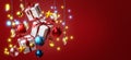 Hanging Flying Box Gift Christmas Ball Red Blue Gold Christmas Lights Bokeh Red Background Banner Copy Space 3D Render Royalty Free Stock Photo