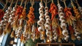 Hanging garlic and dried peppers arrangement for rustic kitchen decor Royalty Free Stock Photo