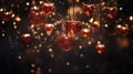 Hanging glass shining hearts. Valentine's Day background