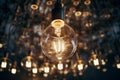 Hanging glowing light bulb, dark background. Emerging of ideas and creativity concept. AI generated Royalty Free Stock Photo