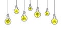 Hanging glowing light bulbs vector line icon set isolated on white background. Idea concpt icons set. Linear design. Bulb light Royalty Free Stock Photo