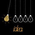 Hanging gold glitter light bulbs. Dash line. Perpetual motion. Idea concept. Royalty Free Stock Photo