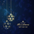 Hanging golden christmas balls blue background Royalty Free Stock Photo