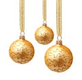 Hanging golden christmas balls with ribbon isolated Royalty Free Stock Photo