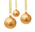 Hanging golden christmas balls with ribbon isolated Royalty Free Stock Photo