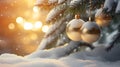 Hanging golden Christmas balls on spruce and fir branches with snow covered surface. Royalty Free Stock Photo