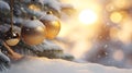 Hanging golden Christmas balls on spruce and fir branches with snow covered surface. Royalty Free Stock Photo