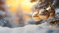 Hanging golden Christmas balls on spruce and fir branches. Royalty Free Stock Photo