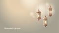 Hanging golden Moroccan lanterns. Arab lights with candles glowing at night. Vintage fanous. Blurred background, bokeh