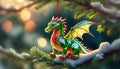 Hanging gracefully on the Christmas tree, a charming green dragon ornament with shimmering scales and a captivating red Royalty Free Stock Photo