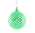 Hanging green shiny Christmas bauble isolated on white background. Royalty Free Stock Photo